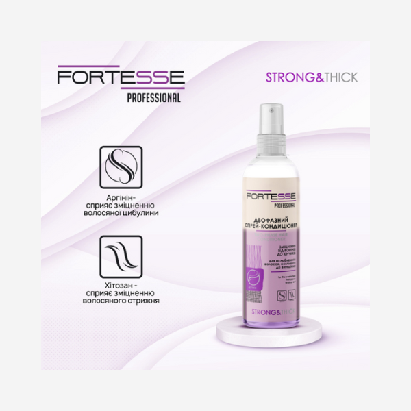 Зміцнюючий двофазний спрей-кондиціонер «Fortesse Professional» Strong&Thick для ослабленого волосся, схильного до випадіння, 250 мл Фото №3